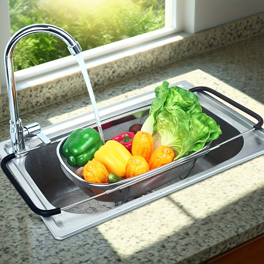 Expandable Sink Colander Stainless Steel ¨C Over the Sink Strainer Basket with Fine Mesh & Rubber Grip, Adjustable Kitchen Drain Strainer for Vegetables, Fruits & Pasta, Small & Large Size