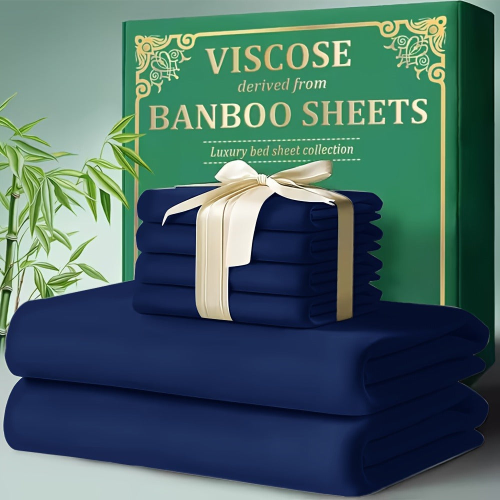 Bamboo Cooling Bed Sheet Set 4pcs - Ultra Soft Breathable Deep Pocket Fitted Sheets, 2200TC Cooling Fabric, Shrink & Wrinkle Resistant, All-Season Bedding