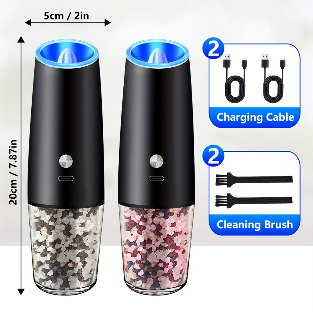 2pcs USB Rechargeable Electric Salt and Pepper Grinder Set with LED Light & Adjustable Coarseness, One-Hand Operation