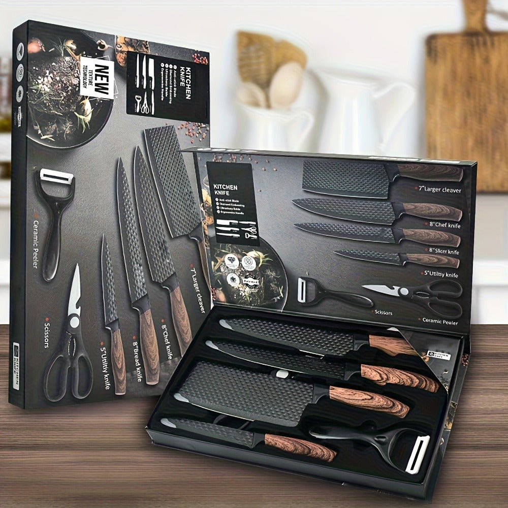 Kitchen Knife Set Professional Stainless Steel with Wooden Block ¨C Hammer Textured Chef Knives, Self-Sharpening, Scissors Included, Gift Box Ready for Valentine's Day, Wedding & Housewarming