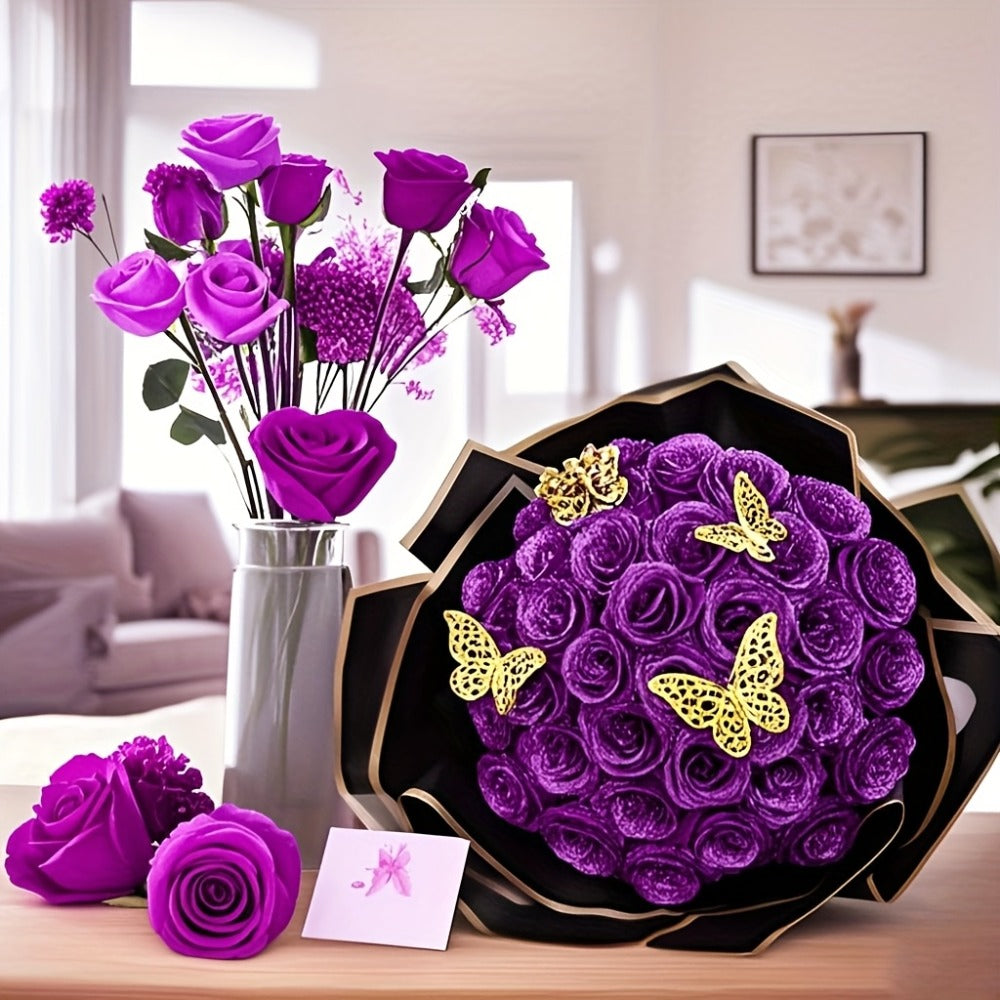 Glitter Roses Bouquet 24/36pcs - Everlasting Artificial Roses with Sparkling Glitter Petals for Valentine's Day, Wedding & Anniversary