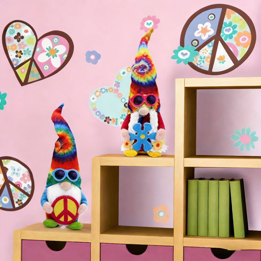 Hippie Gnomes Decorations 2 Pack ¨C Groovy Tie Dye Tomte Figurines with Peace Sign & Fashion Glasses, 13.5¡± Swedish Gnome Shelf Sitters for Farmhouse, Christmas, Halloween & Party Decor