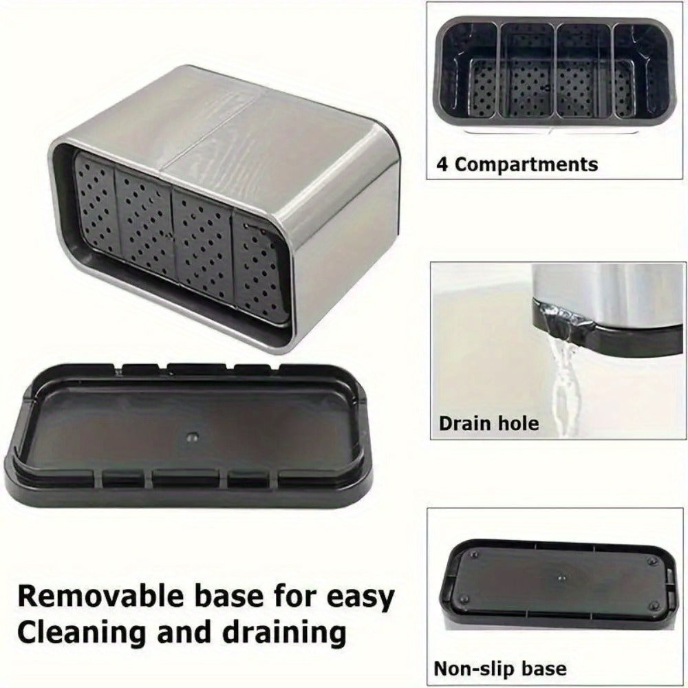 Utensil Holder Stainless Steel Cutlery Organizer 4-Compartment Countertop Caddy Anti-Slip Drain Holes for Kitchen Forks Knives Spoons Chopsticks
