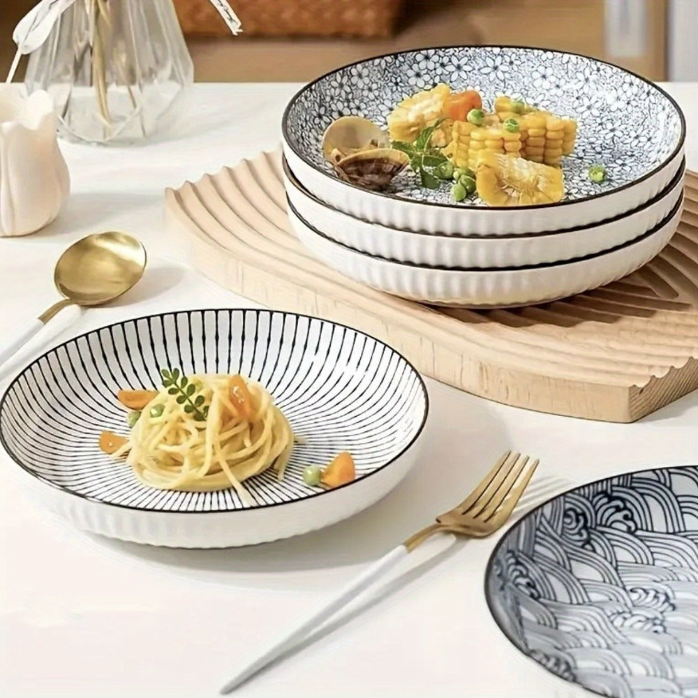 Japanese Ceramic Plates Set of 4 ¨C Floral Yamada Pattern Dinnerware, 7-Inch Round Serving Plates with Non-Slip Edge, Underglaze Color, Nordic Style Steak & Salad Dish