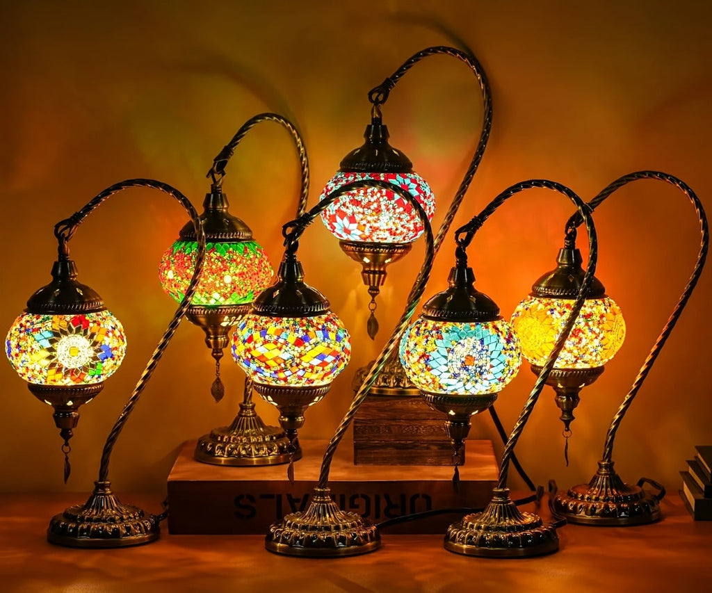 Mosaic Table Lamp Turkish Moroccan Style Handmade Swan Neck Glass Bedside Lamp 3 Color Modes LED Bulb Included Metal Base for Bedroom Living Room