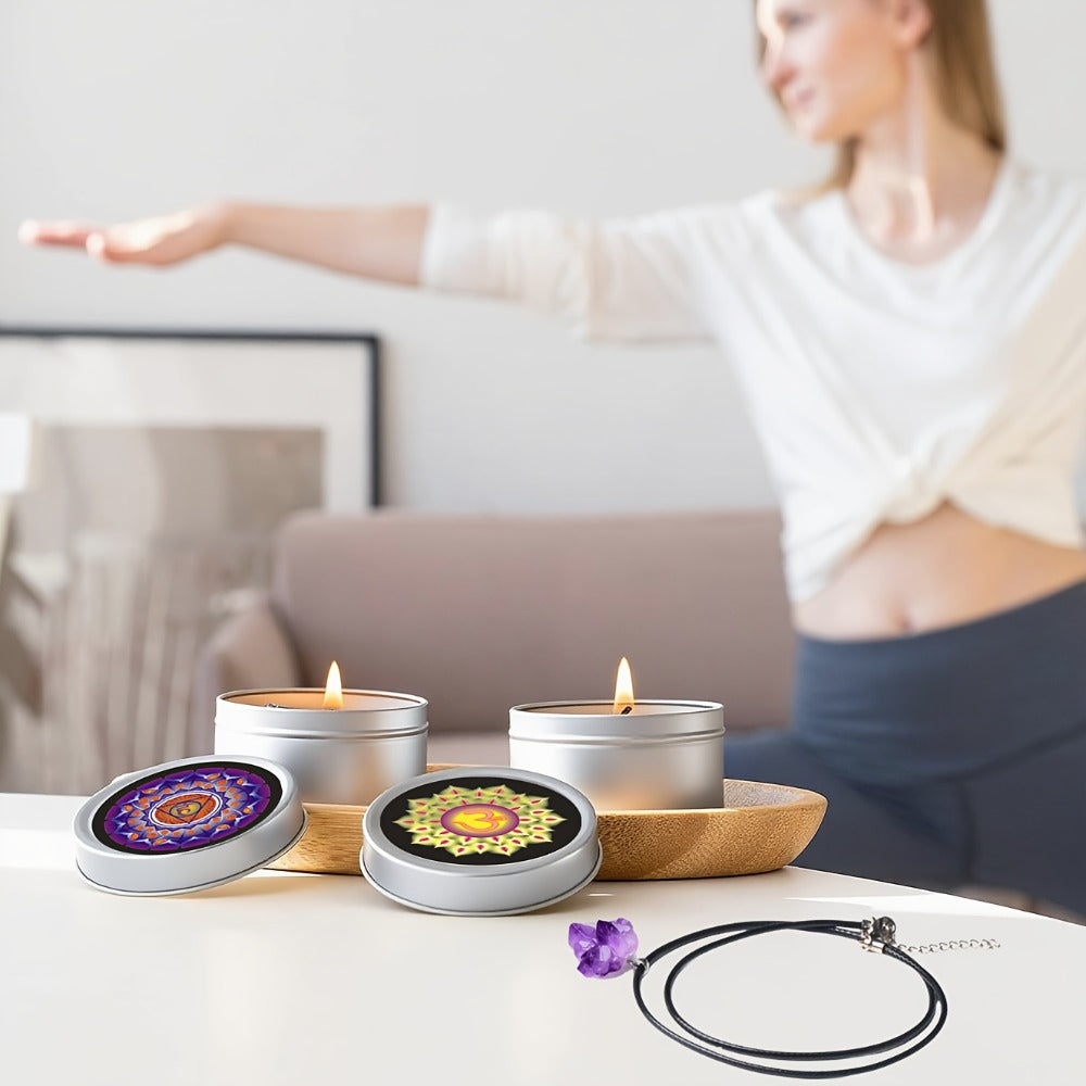 Scented Candle Gift Set 7 Soy Wax Candles with Natural Crystal Pendants 7 Colors Aromatherapy Candles for Home Decor Yoga Meditation Christmas Halloween Birthday Gift for Women Men