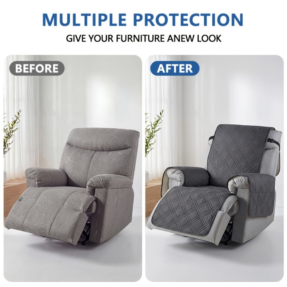 Recliner Cover Quilted with Side Pocket - Anti-Slip Elastic Band Pet Friendly Sofa Chair Protective Slipcover Easy Install for Living Room Home Decor, 6 Colors