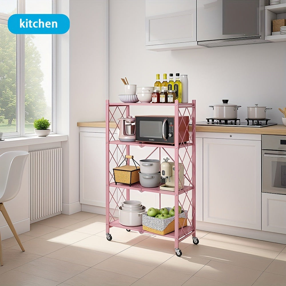 Foldable Storage Rack with Lockable Wheels 3 4 5 Tier Carbon Steel No Assembly Space Saving Floor Standing Shelf for Bedroom Balcony Garden
