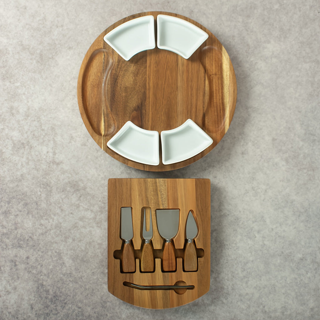 Acacia Wood Charcuterie Board Set Circular Cheese Board with Drawer Knife Set & Ceramic Bowls | Premium Serving Platter Gift Set for Housewarming Bridal Shower Wedding Birthday Women 13x13 Inch
