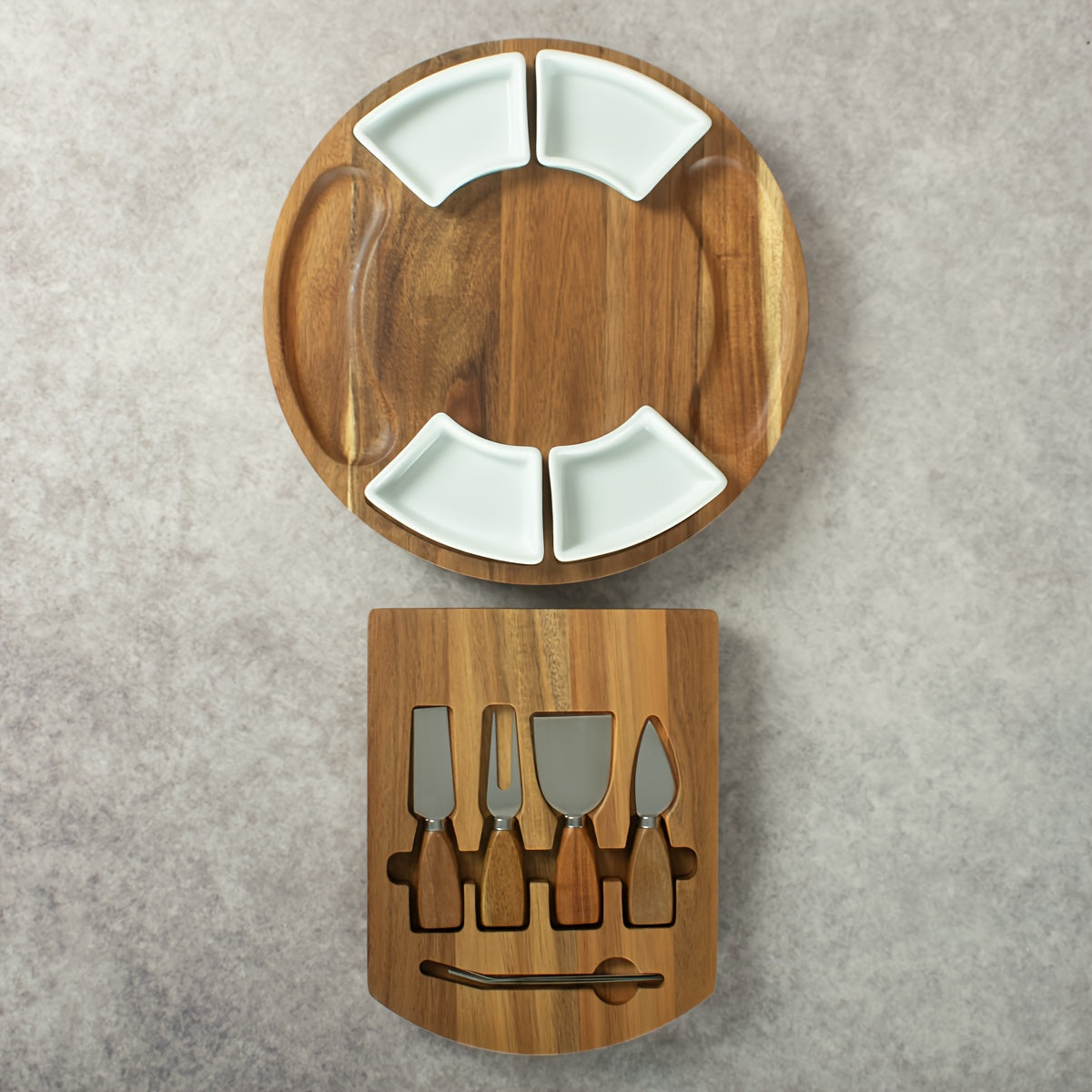Acacia Wood Charcuterie Board Set Circular Cheese Board with Drawer Knife Set & Ceramic Bowls | Premium Serving Platter Gift Set for Housewarming Bridal Shower Wedding Birthday Women 13x13 Inch