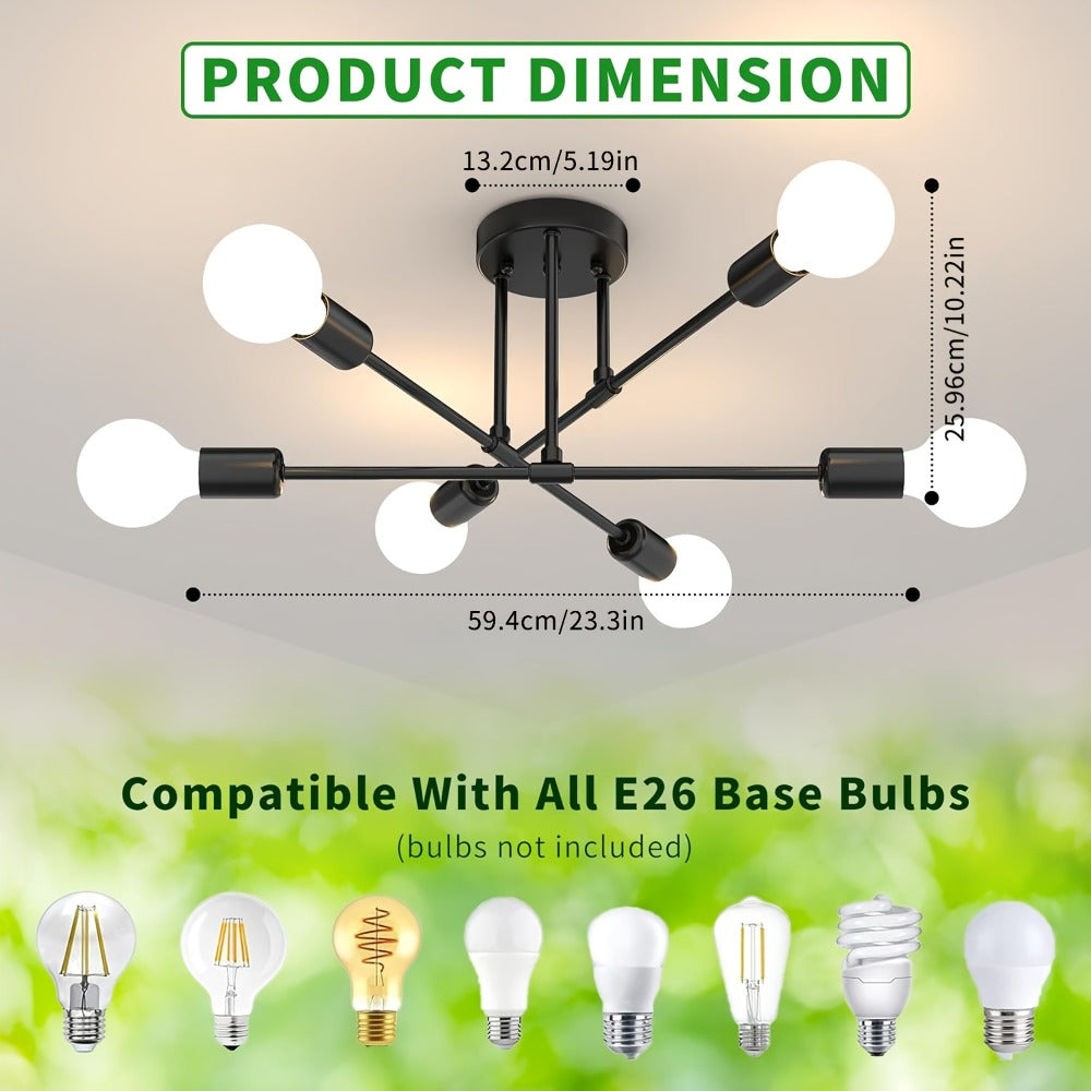 Sputnik Chandelier 6-Light Black Industrial Ceiling Light Fixture Semi Flush Mount for Bedroom Dining Room Living Room Kitchen