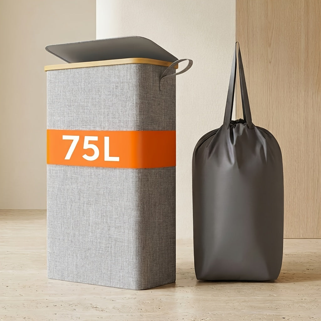 Slim Laundry Hamper with Lid & Removable Bag ¨C Foldable Narrow Clothes Basket with Bamboo Handles for Bathroom, Bedroom & Dorm ¨C 50L / 65L / 75L Space-Saving Collapsible Laundry Bin