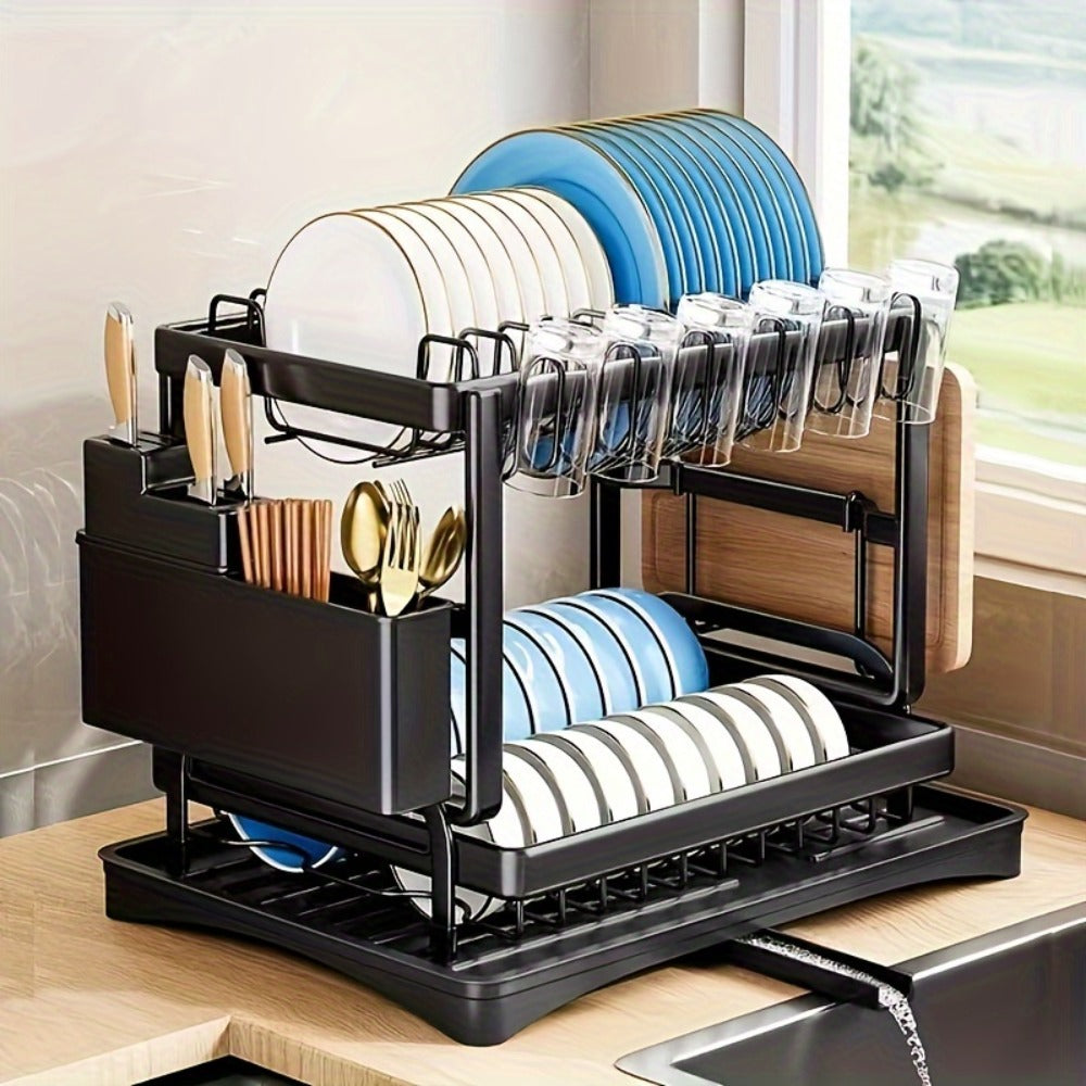 2-Tier Dish Drying Rack with Drip Tray Large Kitchen Counter Dish Drainer