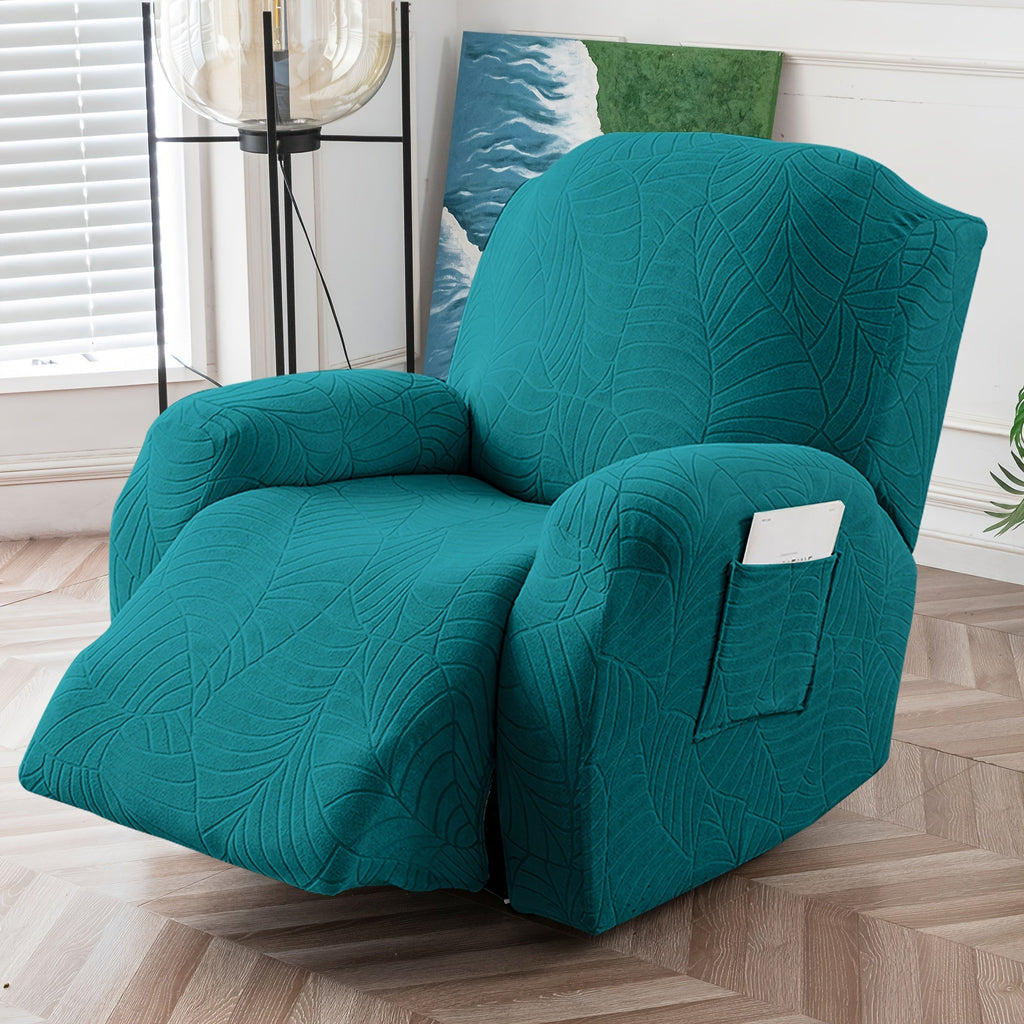Recliner Chair Cover Slipcover 4-Piece Set ¨C Leaf Jacquard Stretch Furniture Protector with Storage Pocket, Non-Slip Recliner Sofa Cover for Living Room, Machine Washable, 6 Colors Available