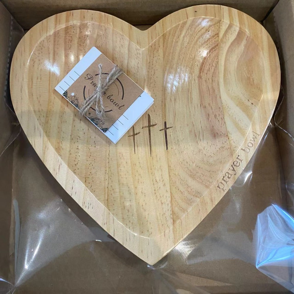 Wooden Prayer Bowl with 24 Prayer Cards ¨C Hand-Carved Heart Shaped Cross Engraved Vintage Religious Gift Set for Easter, Christmas, Thanksgiving, Home Altar & Prayer Room Tabletop Decor