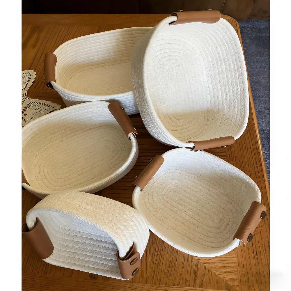Cotton Rope Storage Basket Set of 5 Woven Baskets with Leather Handles for Shelves Bathroom Bedroom Living Room Office Organizer Bins Boho Home Decor Natural Brown White Black