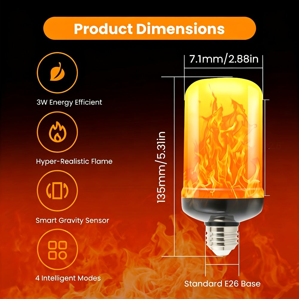 Flame Effect Light Bulb E26 Gravity Flicker 51 LEDs 3W with 4 Modes ¨C Fire Effect Flickering Bulb for Christmas Halloween Indoor Fireplace Decor Atmosphere Lighting, Yellow, 2-Pack
