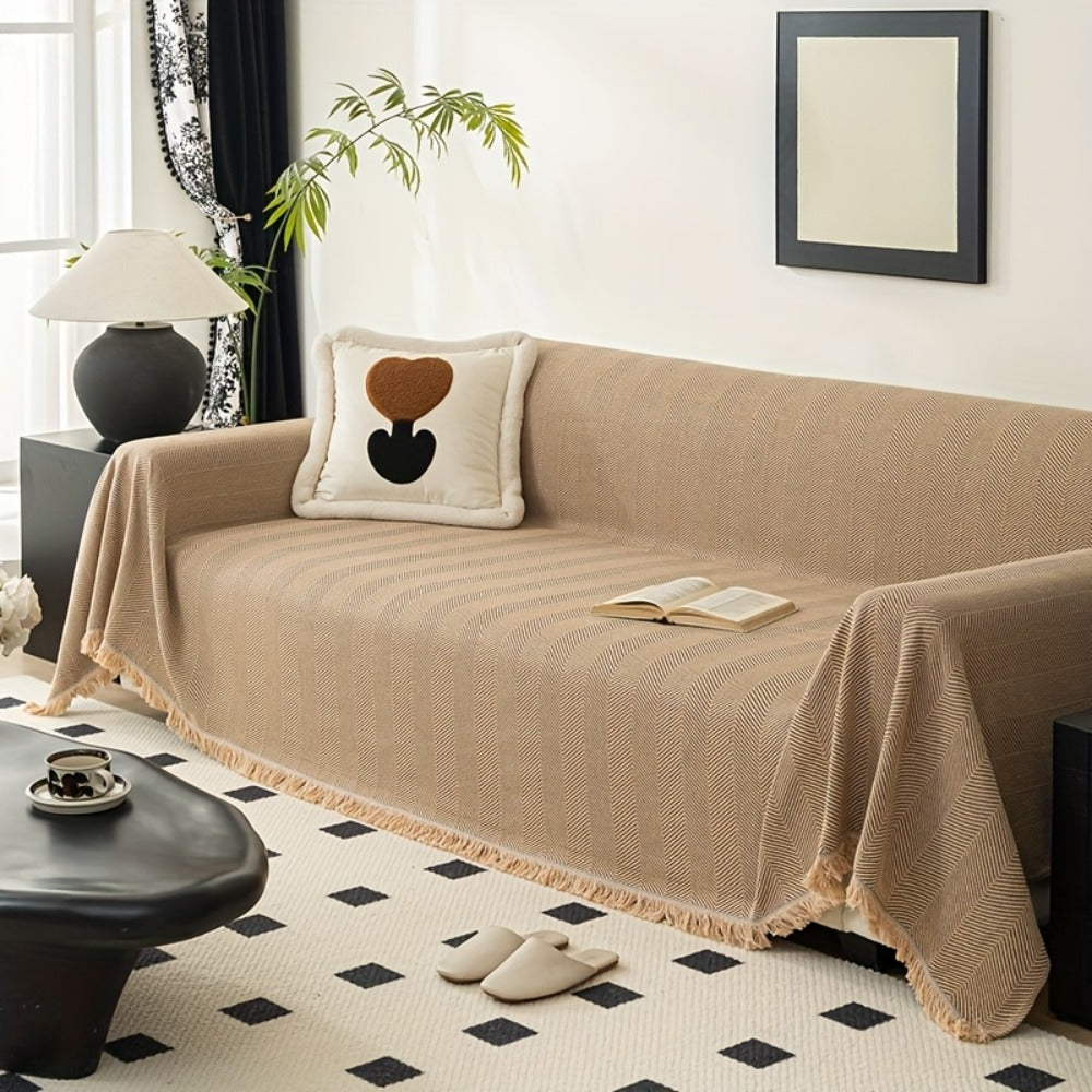 Herringbone Sofa Throw Cover with Tassels Jacquard Woven Solid Color Washable Polyester Sofa Blanket Slipcover for 3 4 Seater Couch Living Room - Grey Coffee Green Blue