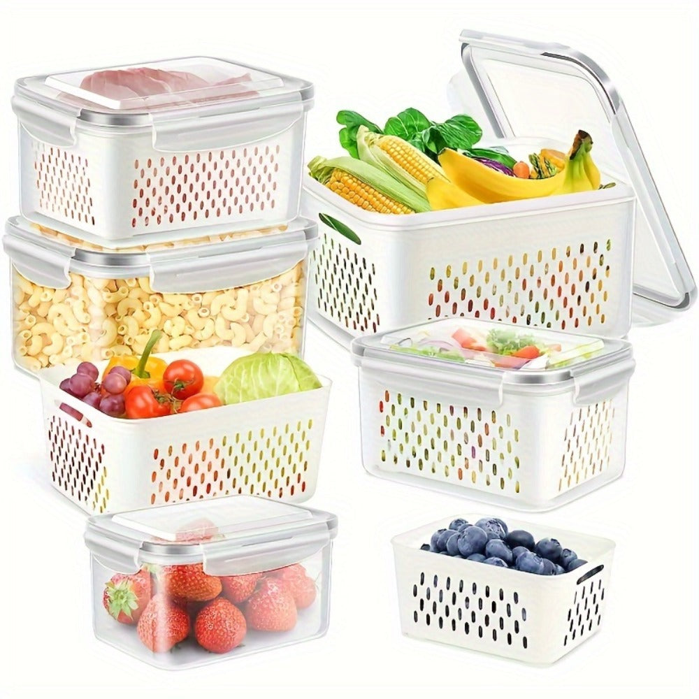Food Storage Containers Set 6pcs BPA Free Plastic with Drain Baskets and Lids Leak Proof Freezer Safe Reusable for Fruits Vegetables Meal Prep Kitchen Organizer