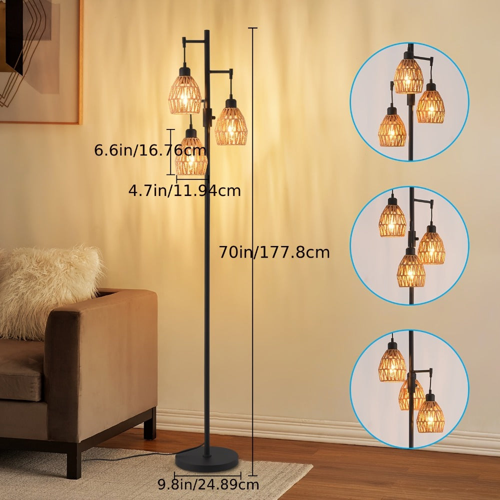 Boho Rattan Floor Lamp Dimmable ¨C 3-Light Stepless Dimming Standing Lamp with Natural Rattan Shade & Metal Base for Living Room, Bedroom, Dining Room ¨C Warm Bohemian Home Lighting