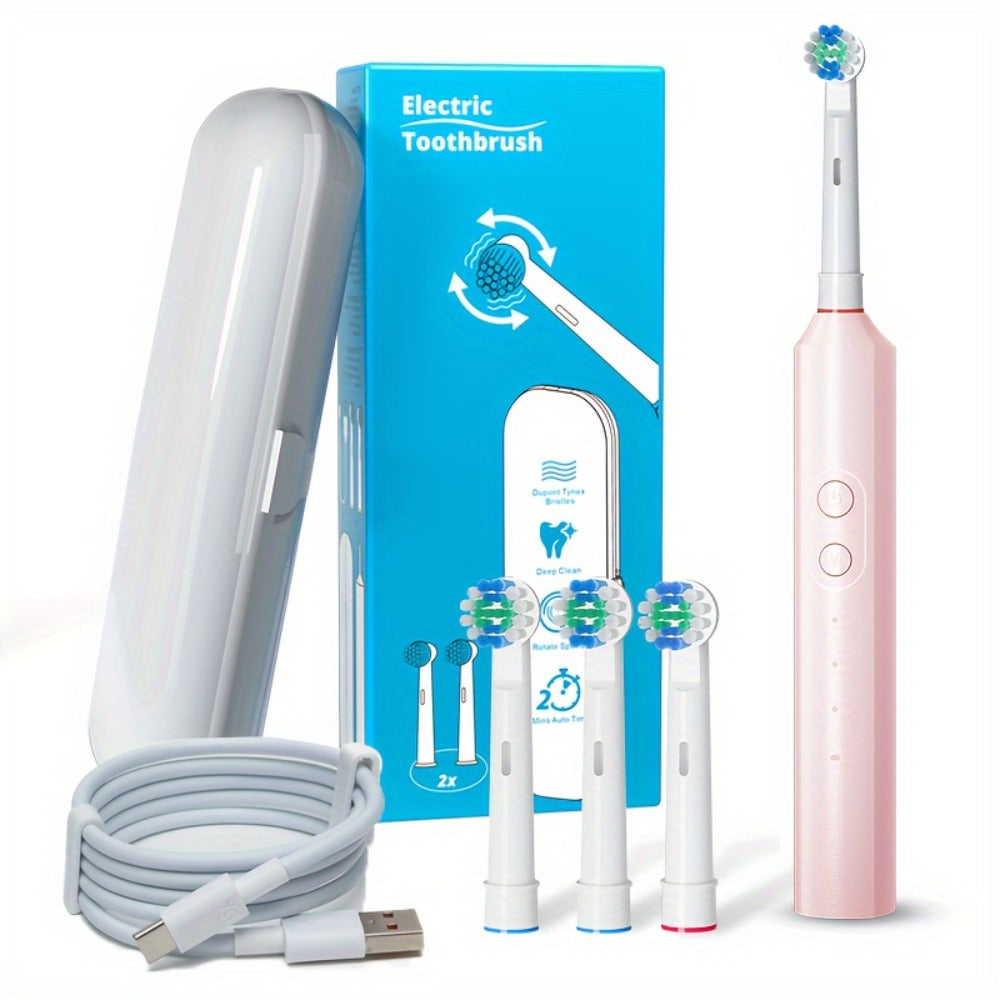 Sonic Electric Toothbrush with Smart Timer & 3 Cleaning Modes - IPX7 Waterproof, 4 Brush Heads, 600mAh USB Fast Charge, Round Tip Soft Bristles, Rechargeable Adult Toothbrush for Deep Clean
