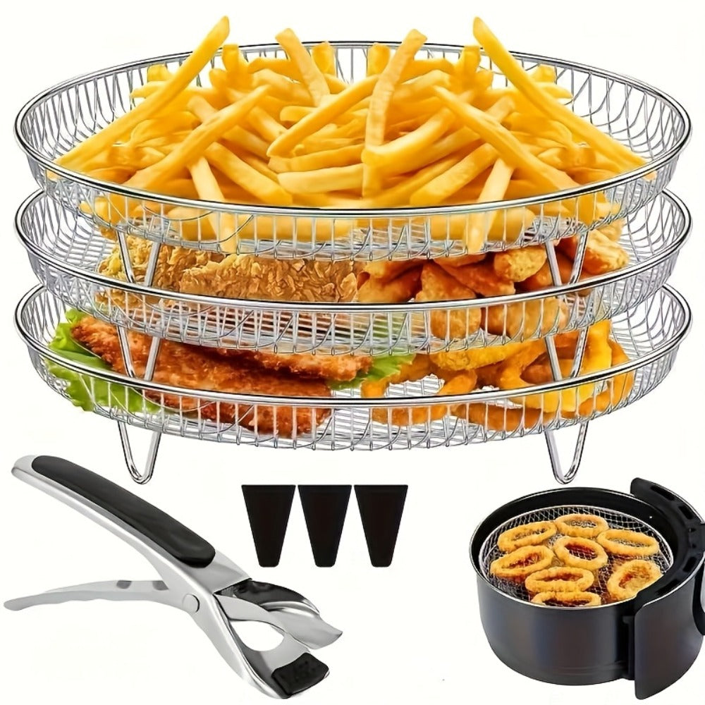 Air Fryer Rack 7 Piece Stainless Steel Dehydrator Stacking Rack with Clips - Reusable Round Multi-Layer Air Fryer Accessories for 4.2QT to 5.8QT Air Fryers, Oven Safe, Dishwasher Safe, Easy to Clean