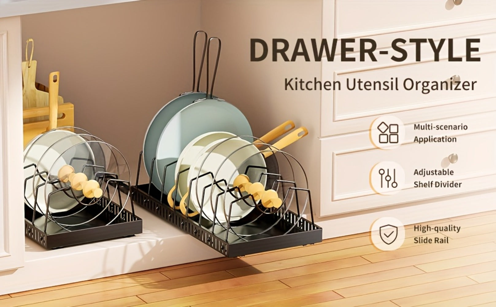 Pull Out Pot and Pan Organizer for Cabinet - Sliding Lid Rack with 8 Adjustable Dividers for Kitchen Cabinet Storage, Drill-Free Installation Pan Holder for Lids Baking Sheets and Cookware, Available in 1 or 2 Pack in Black or White