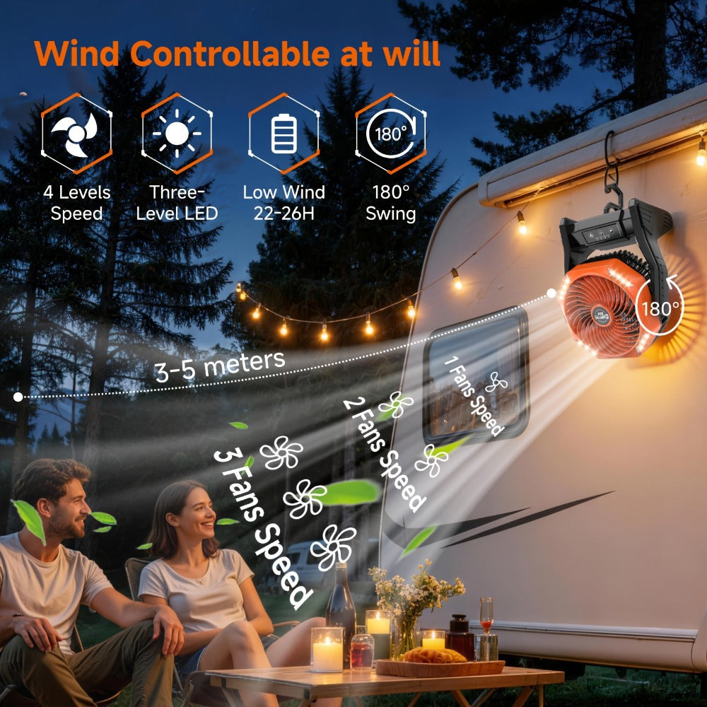 Camping Fan 20000mAh with LED Light and Brushless Motor, 4-Speed 180¡ã Oscillating Portable Outdoor Fan, 22-26H Long Runtime Anti-Slip Base, 3-in-1 Table Fan for Camping, Hiking, Picnic and Emergency