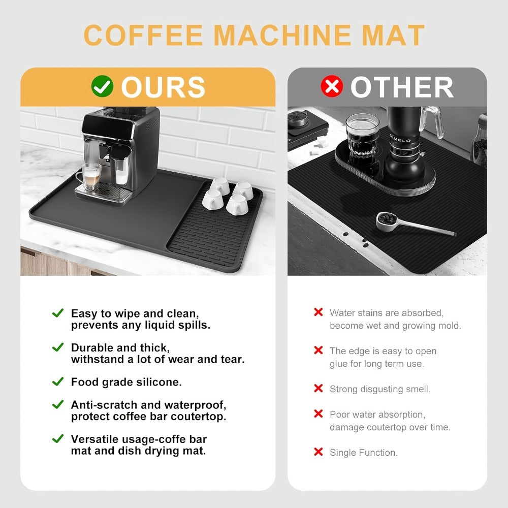 Silicone Coffee Mat with Side Pad 2-in-1, Heat-Resistant Espresso Machine Mat for Kitchen Countertop, Non-Slip Drying Mat for Coffee Bar Accessories, Easy to Clean 23.6x15.7in