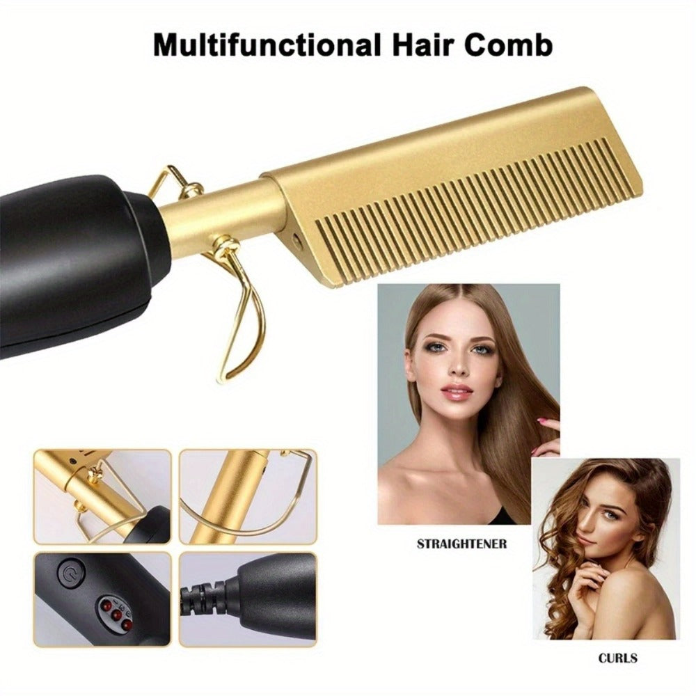 Electric Hot Comb Hair Straightener Ceramic Copper Heating Plate Portable Heat Press Comb for Curl Straight Style Beard Wig Wet Dry Hair Styling Tool for Women Men