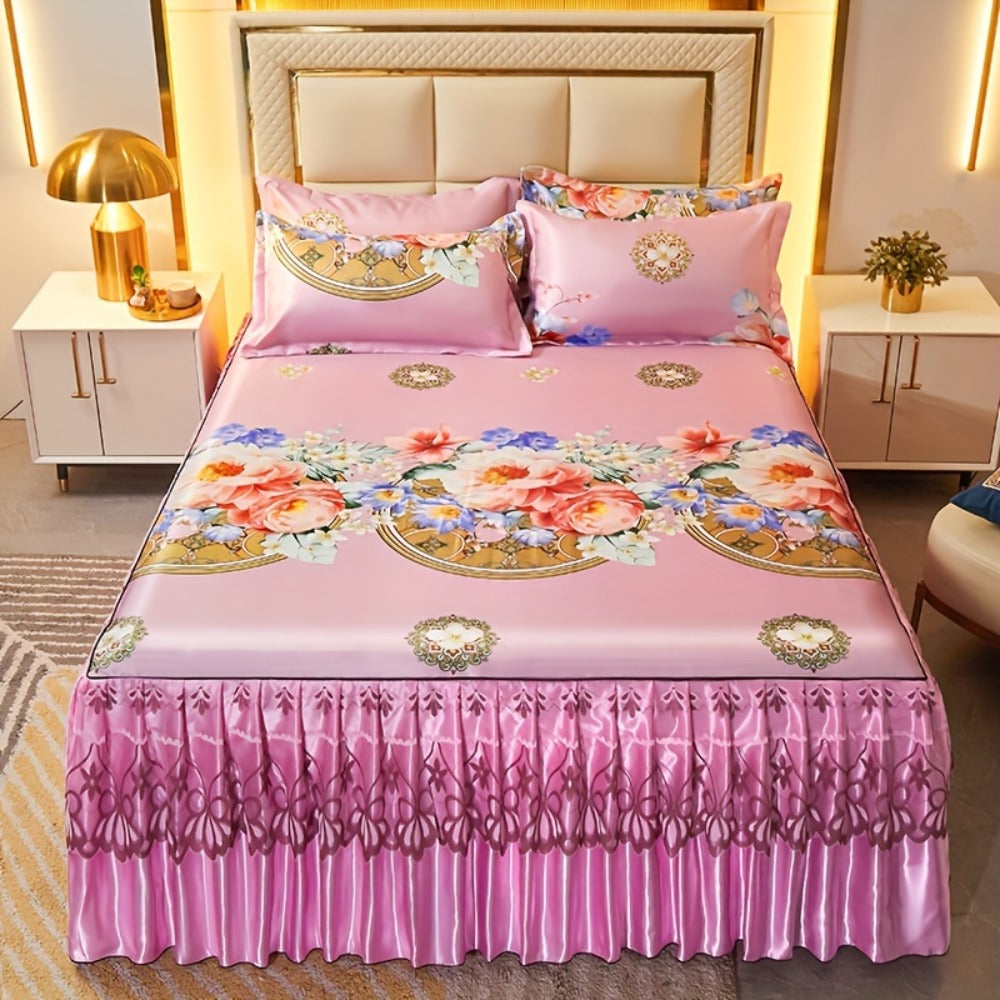 Floral Ruffle Bed Skirt Cool Mat 3 Piece Set with Pillowcase, Double Layer 360¡ã Full Wrap Washable Cooling Mattress Cover, Breathable Summer Bedding Set for Twin Full Queen King, Parisian Romantic Floral