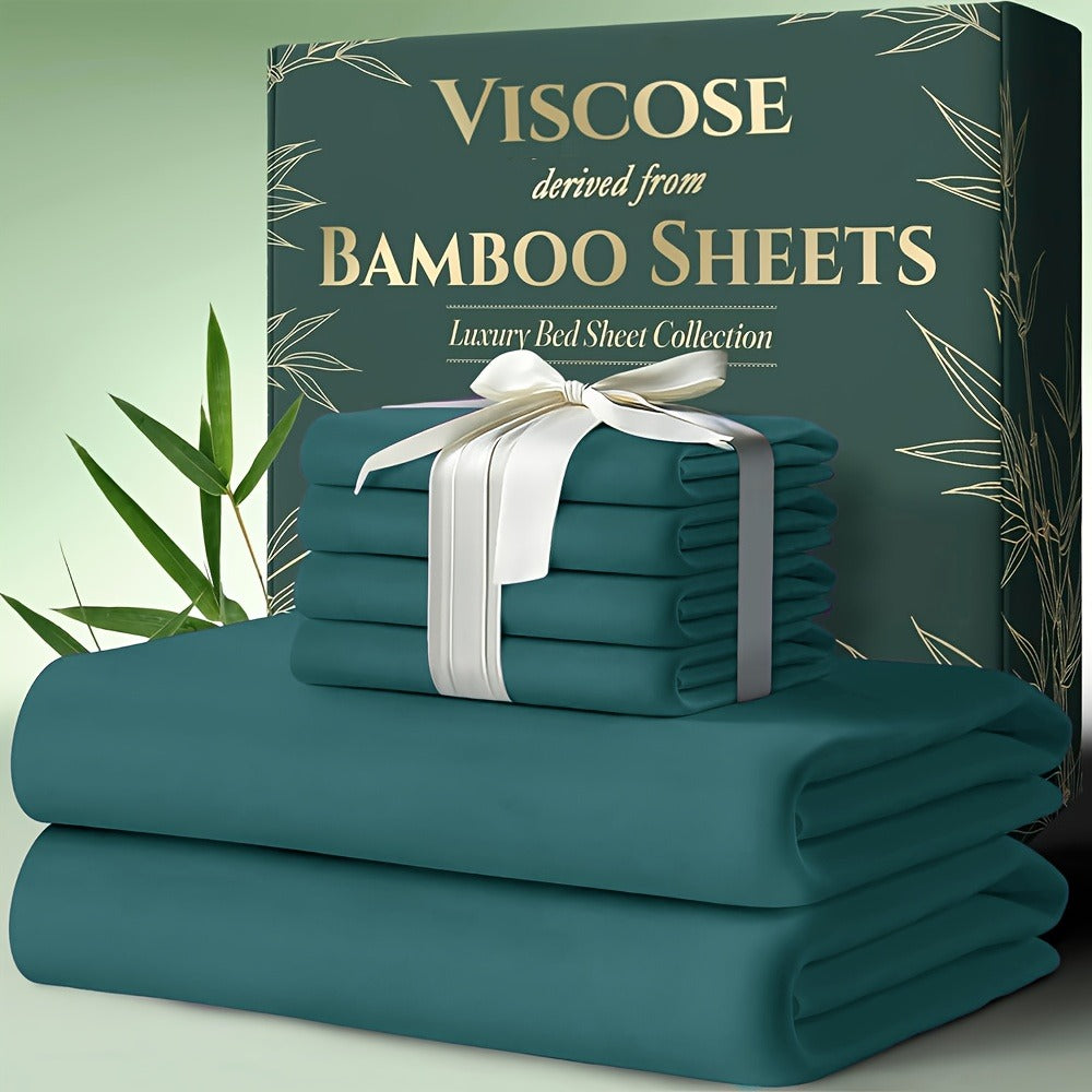 Cooling Bamboo Bed Sheet Set 6pcs Ultra Soft Deep Pocket 17 Inch Double Stitching Breathable Sheets for Hot Sleepers Twin Full Queen King