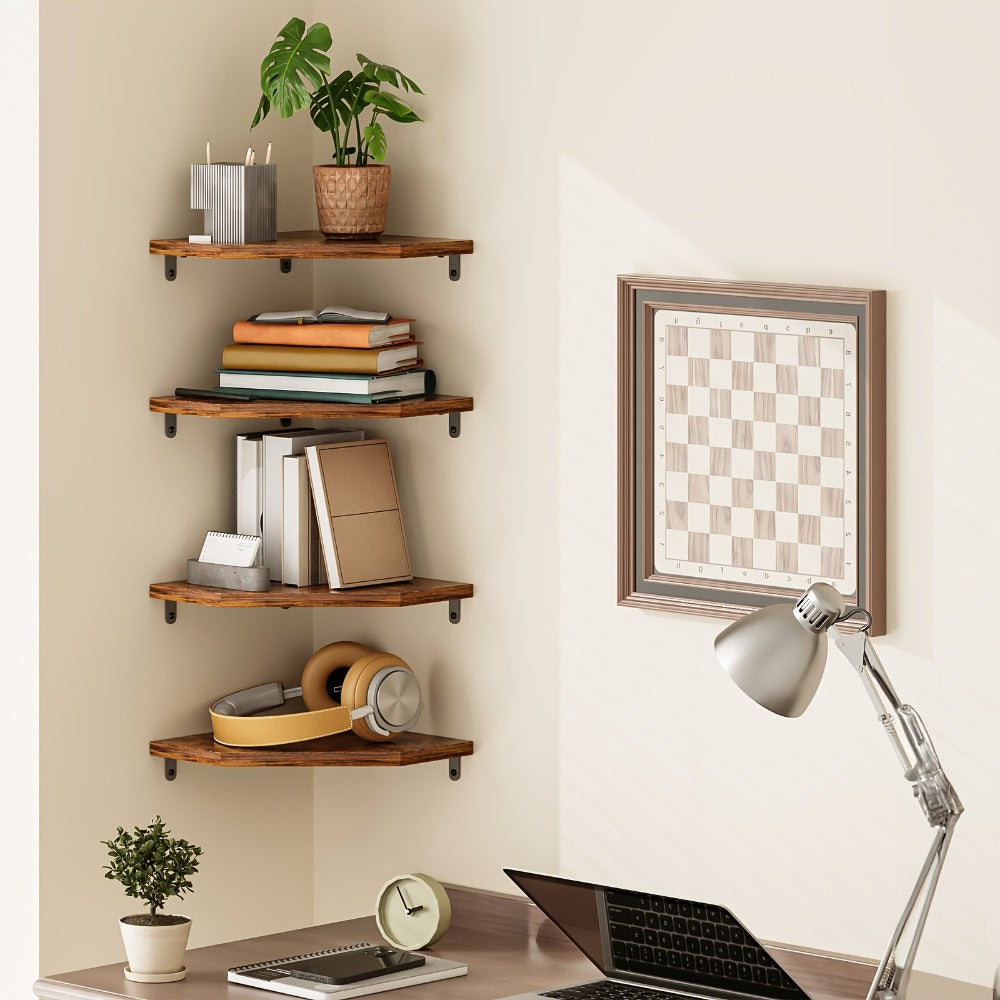 Corner Floating Wall Shelf - Rustic Wood Wall Organizer for Living Room Bedroom Bathroom Kitchen, Space-Saving Display Rack, Country Style Corner Shelf Set of 2 4 6, Brown Black White Home Decor