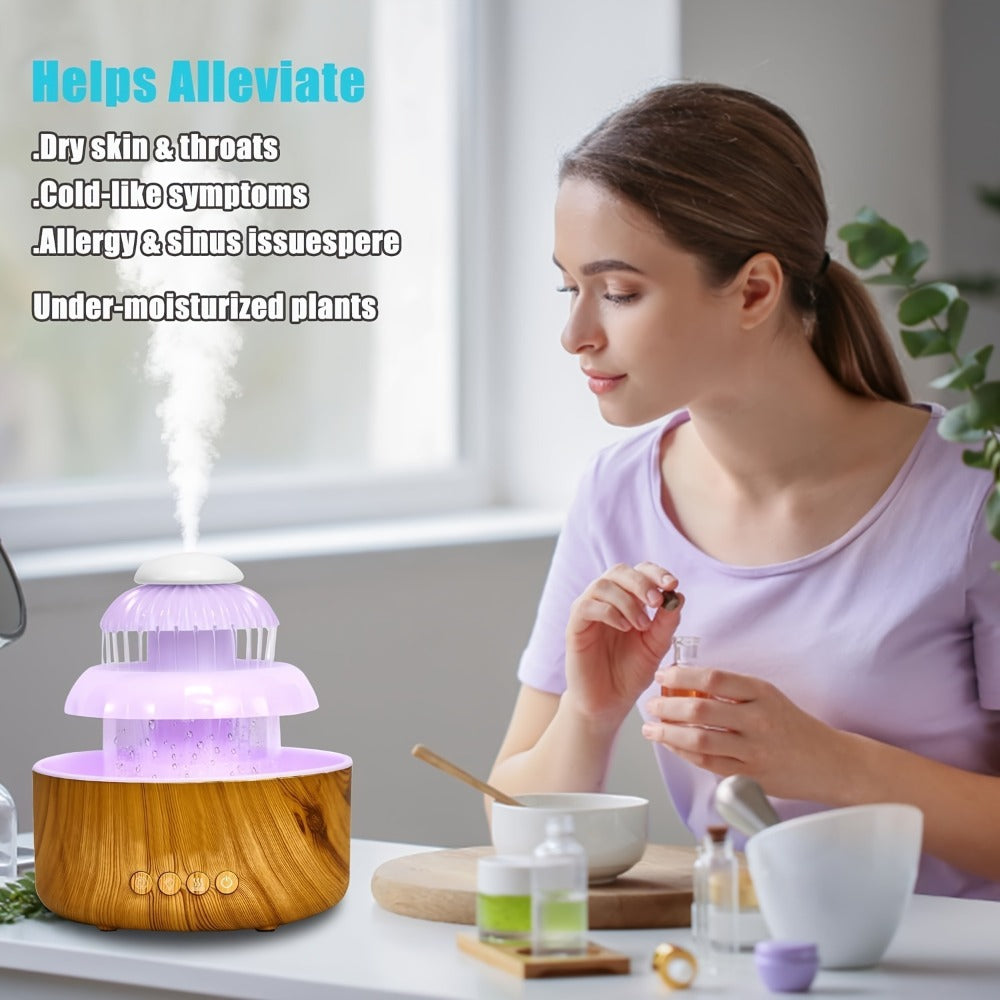 Cool Mist Humidifier with Raining Sound & 8-Color Night Light ¨C 10-Hour Runtime, Essential Oil Diffuser, Air Humidifier for Bedroom, Home & Office, White Noise Sleep Aid, Ambient Mood Light, White