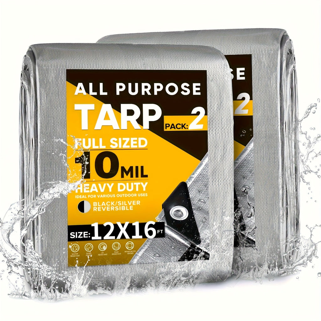 Heavy Duty Waterproof Tarp 2-Pack 10Mil 150GSM Black Silver ¨C Tear-Proof Polyethylene Cover with Reinforced Grommets for Roof Pool Boat Car Camping & Outdoor