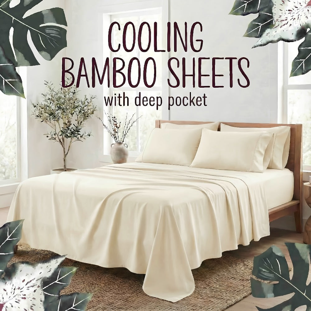 Bamboo Fiber Bed Sheet Set 4-Piece ¨C Cooling Sheets, Hypoallergenic, Deep Pocket Fitted Sheet, Wrinkle-Free Bedding for All Seasons, Twin Full Queen King