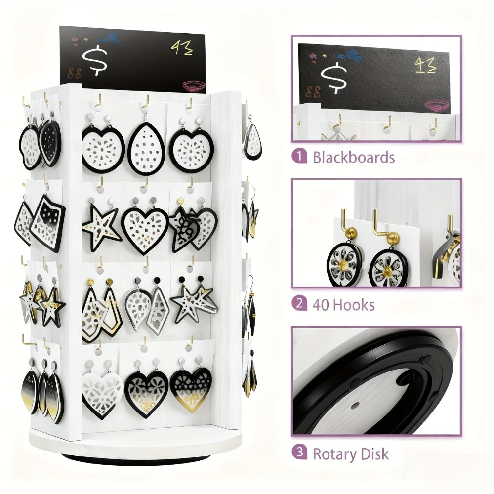 Rotating Earring Display Stand - 40-Hook Jewelry Organizer Tower, Tabletop Rack Holder with Advertising Board, Space-Saving Jewelry Storage for Earrings, Necklaces & Small Accessories