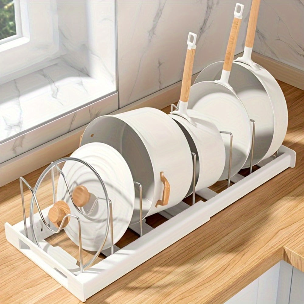 Pot Organizer Rack Adjustable Expandable Kitchen Cabinet Pots and Pans Organizer with Adjustable Dividers Easy Storage Organization for Kitchen Home White Gray