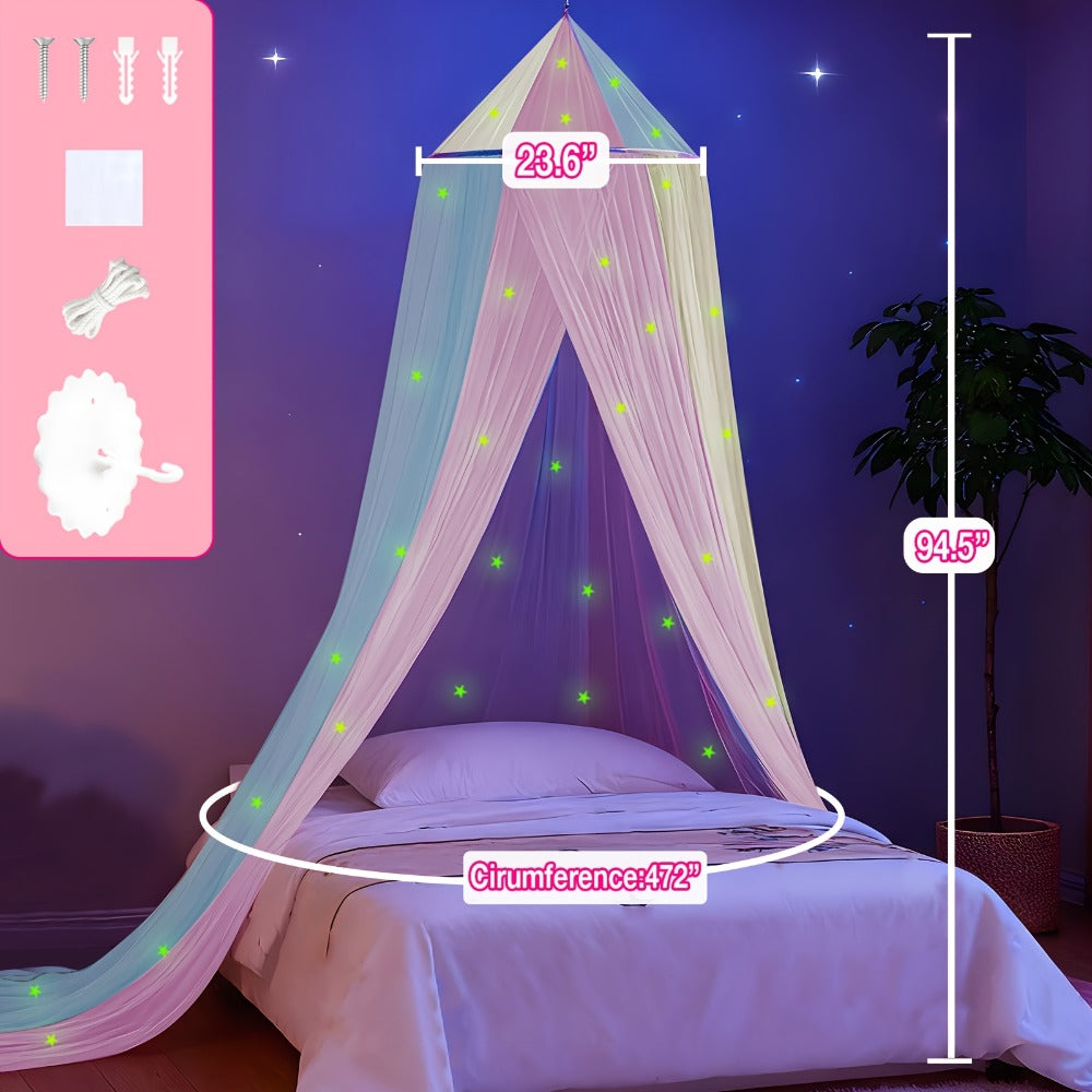 Bed Canopy for Girls Princess Rainbow Glow in the Dark Stars Colorful Canopy Curtain Fits Single Full Queen Size Bed Kids Room Decor Ceiling Tent Netting Machine Washable