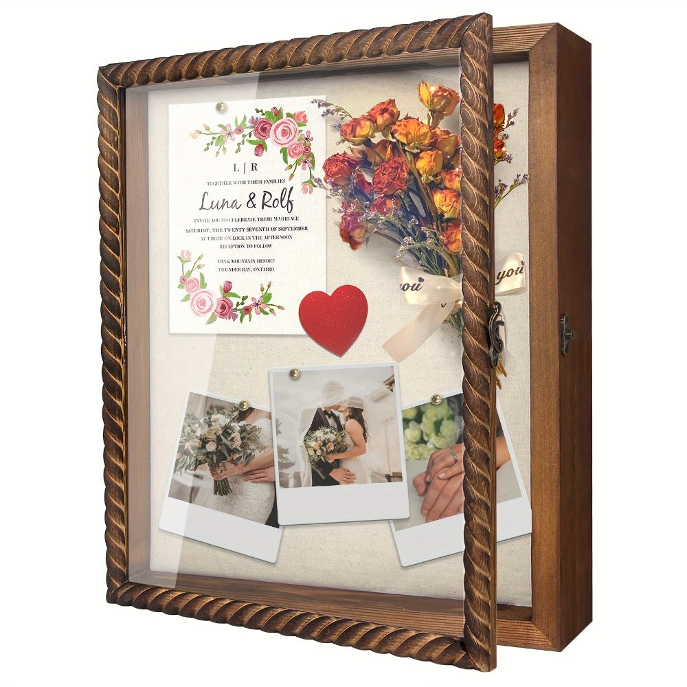 Shadow Box Frame with Linen Back ¨C Large Rustic Memory Display Case 11x14 & 12x16 Inch for Photos, Medals, Coins, Pins, Flowers & Collectibles, 4 Removable Shelves, Black White Brown
