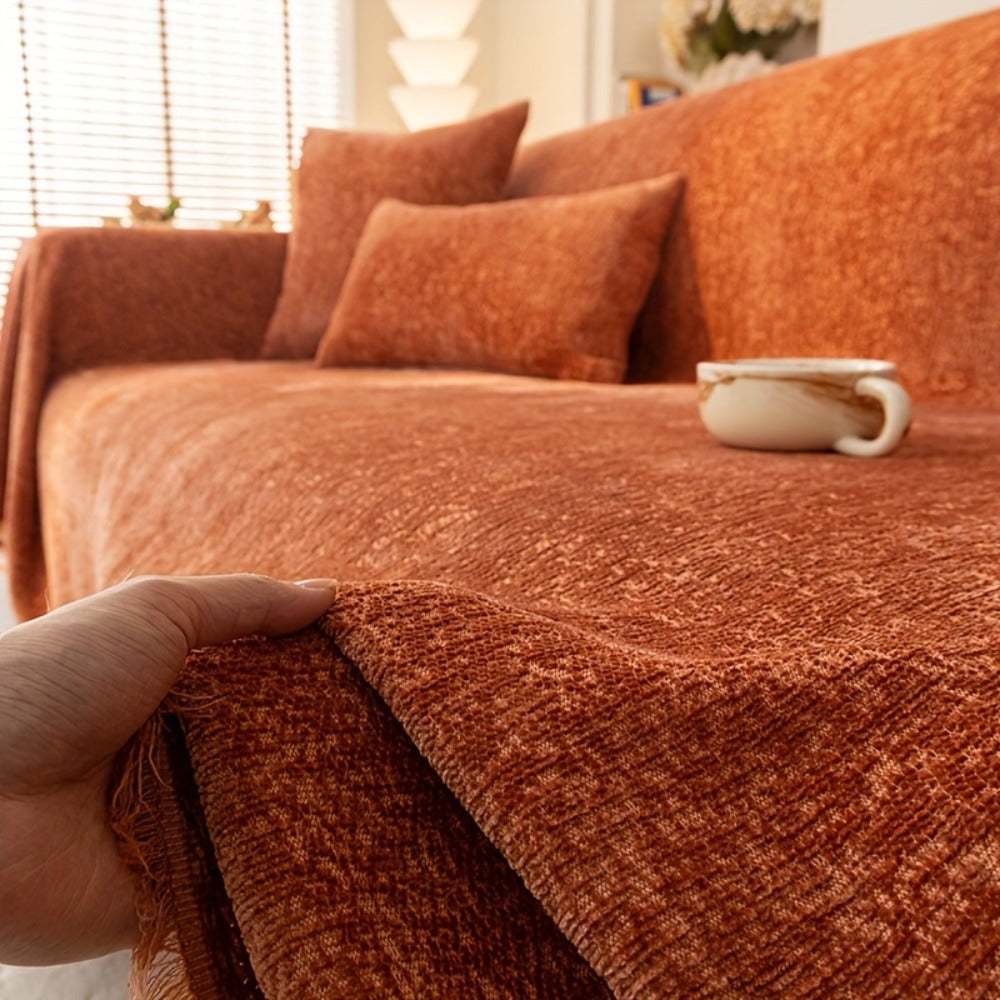 Chenille Sofa Cover with Fringe 300GSM - Super Soft Pet Friendly Solid Couch Slipcover for Single 2 4 Seater Living Room Decoration, 4 Colors