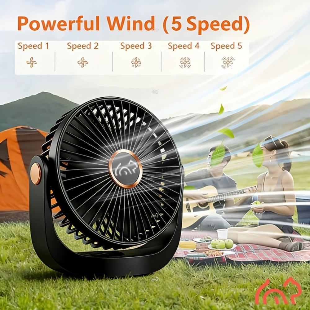 Portable USB Rechargeable Fan, 5-Speed Turbo Strong Wind Fan, Adjustable Hanging Vertical Fan for Wall, Desktop and Ceiling Mount, Fast Cooling Personal Fan for Home, Office and Outdoor Camping