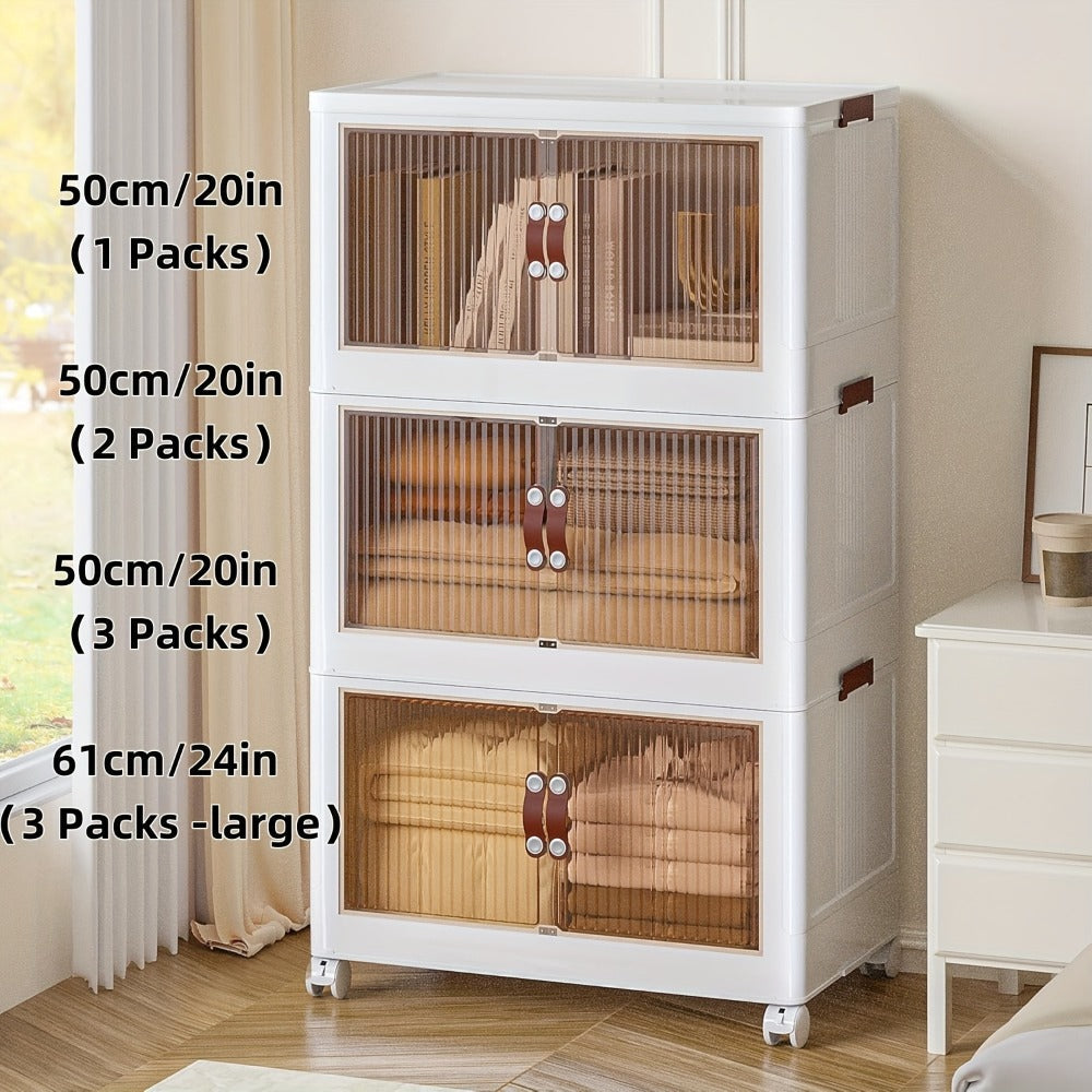 Stackable Storage Bins with Wheels & Drawers | Open Front Foldable Storage Organizer Bins for Home Bedroom Clothes Books Toys Holiday Christmas Gift Storage