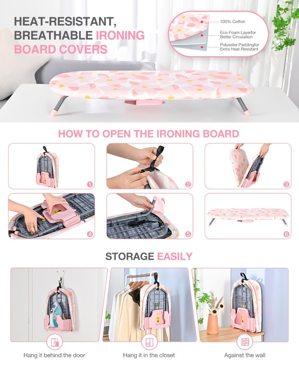 Tabletop Ironing Board with Iron Holder - Compact Portable Mini Ironing Board with Non-Slip Feet, Heat Resistant Cover, Space Saving Design for Small Spaces, Dorm, Travel - Pink