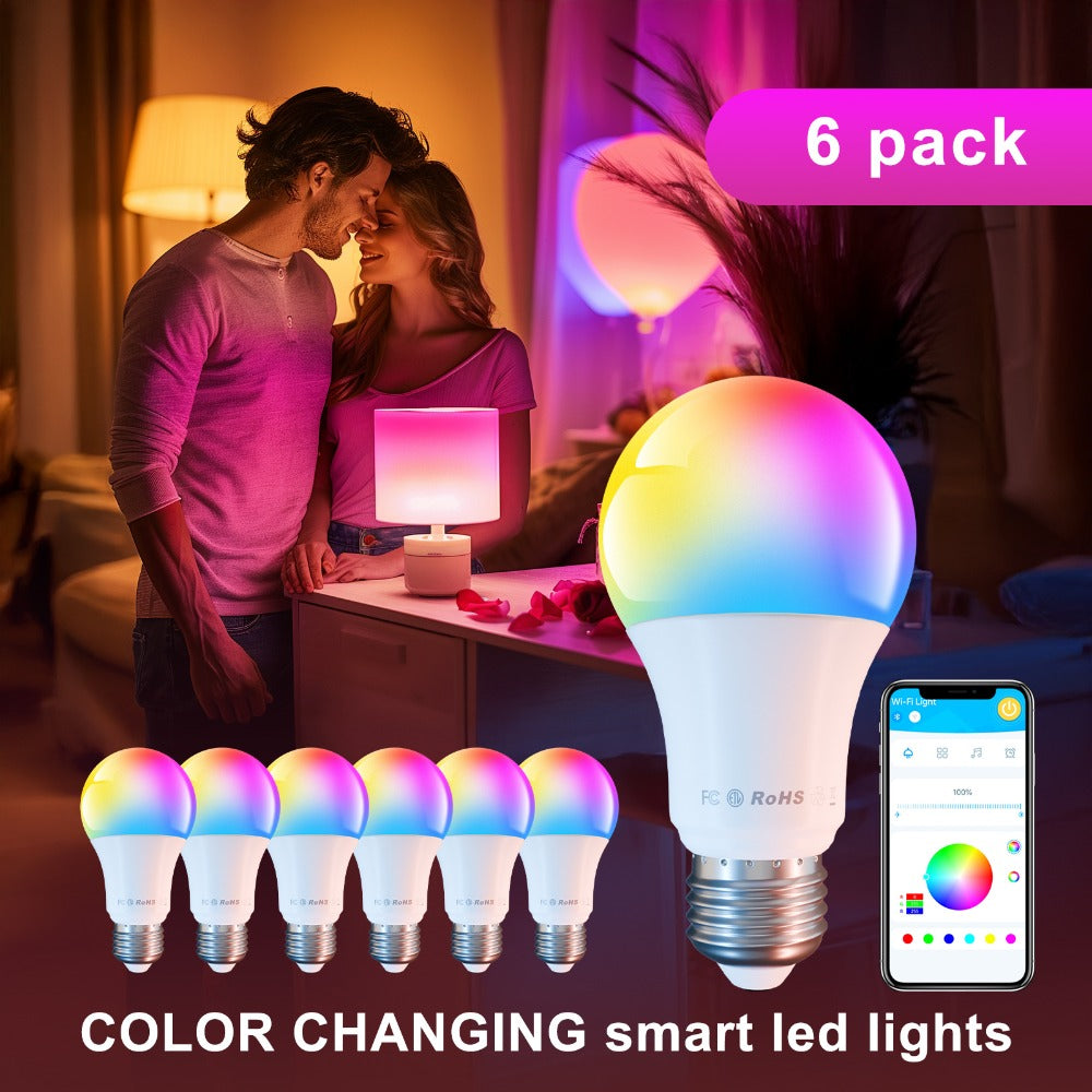 Smart Light Bulbs RGB Color Changing, WiFi A19 E26 LED Bulb Works with Alexa & Google Home, 2.4GHz Dimmable 800LM 60W Equivalent, Music Sync Voice Control App Remote, for Bedroom Party Home Decor