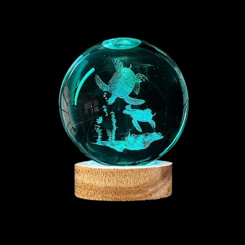 3D Sea Turtle Crystal Ball Night Light ¨C LED Color Glow Glass Orb Lamp with Bamboo Base, Ocean Animal Figurine Desk Light for Home Bedroom Decor, Unique Gift for Turtle Lovers, Elders & Friends (2.36in)