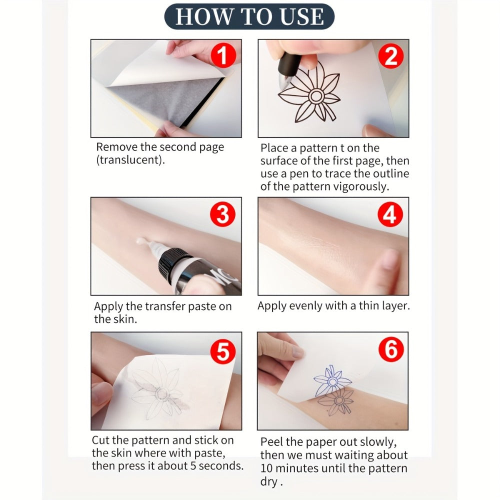 Tattoo Stencil Transfer Kit ¨C 2x Transfer Gel, 10x A4 Blank Thermal Stencil Paper & 1x Pre-Drawn Pattern Sheet ¨C Complete Tattoo Transfer Solution for Artists & Beginners