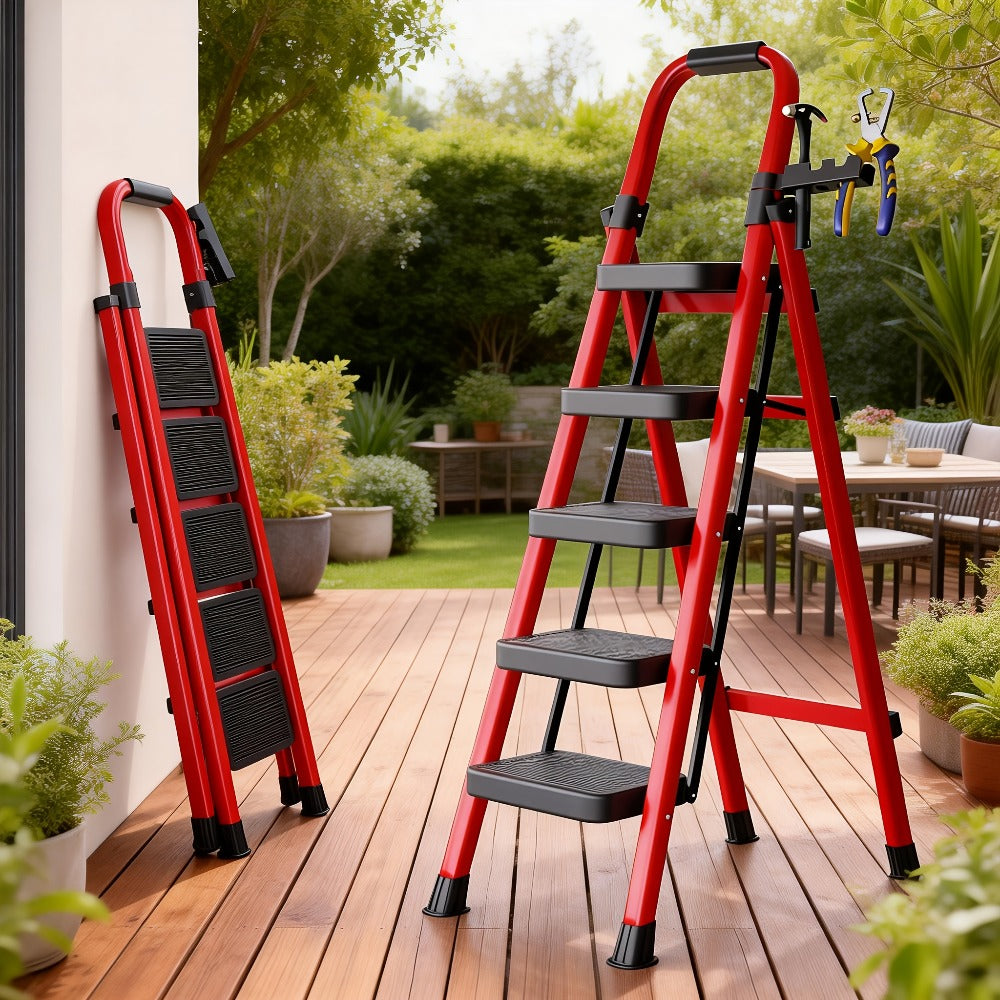 Folding Step Ladder 3 5 Step 500 lb Heavy Duty Steel Anti-Slip Wide Treads Handrail Safety Lock Portable Multi-Function Step Stool for Home Kitchen Garage Outdoor Black Red