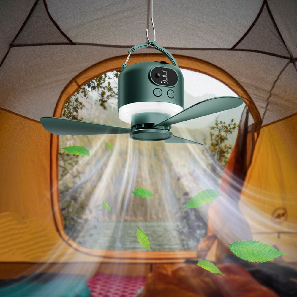 Portable Camping Ceiling Fan 10400mAh USB Rechargeable Remote Control 4-Speed Mute Fan Lamp with Phone Charging for Outdoor Tent Dorm Home White Dark Green