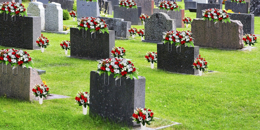 Artificial Cemetery Flowers for Grave with Saddle, Silk Rose Bouquet Headstone Decoration, Memorial Day Grave Flowers, Outdoor Grave Marker Floral Arrangement, 1/2/3 PCS